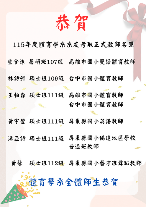 【恭賀】本學系系友通過115年度教師甄試圖片